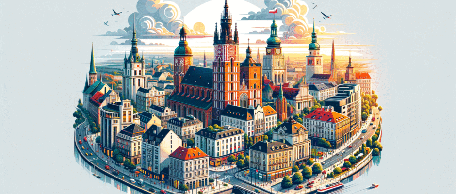 Widok na malowniczy krajobraz Śląska, z charakterystycznymi budynkami turystycznymi w Katowicach, symbolem regionu turystyki.