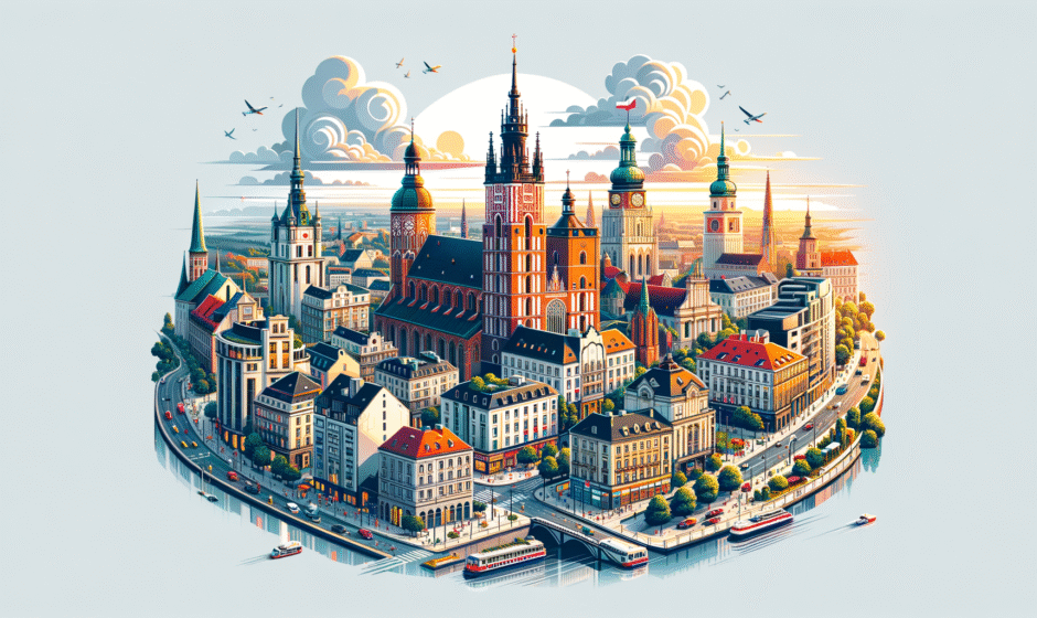 Widok na malowniczy krajobraz Śląska, z charakterystycznymi budynkami turystycznymi w Katowicach, symbolem regionu turystyki.