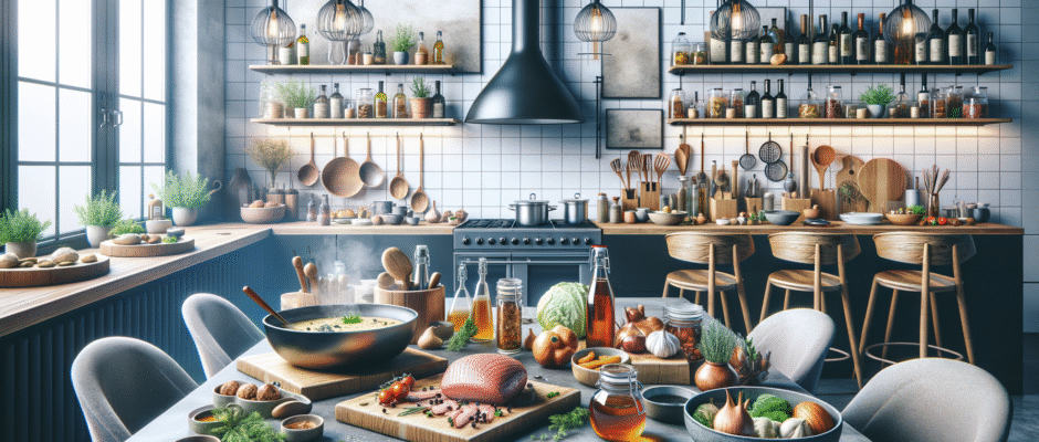 Regionalne potrawy śląskie, w tym żur śląski i kluski śląskie, serwowane w urokliwej restauracji w Katowicach, podkreślają kulinarne dziedzictwo regionu.